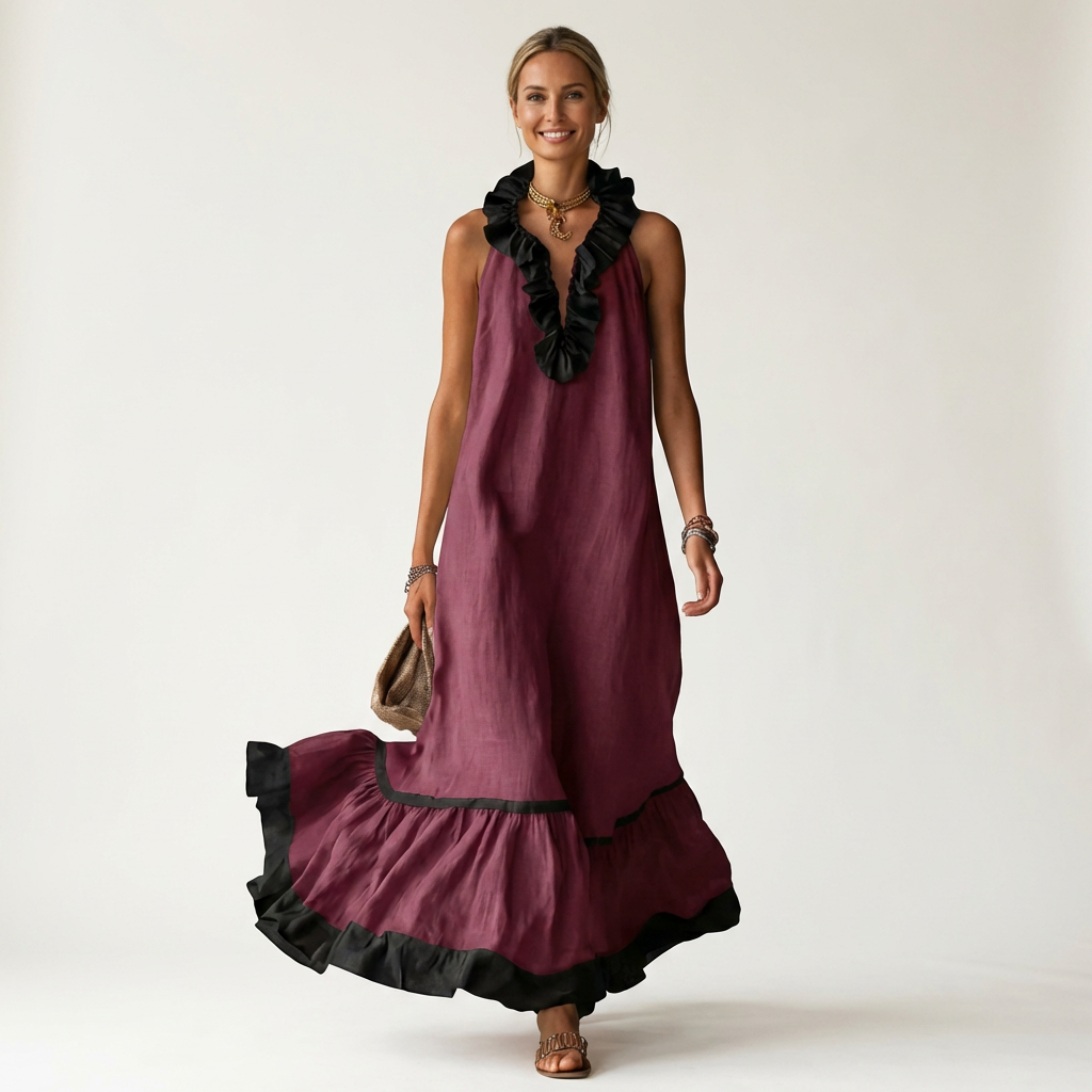 SERAPHINA | ÄRMELLOSES RÜSCHEN-HALS-AUSSCHNITT MAXI-KLEID MIT KONTRAST-BESATZ