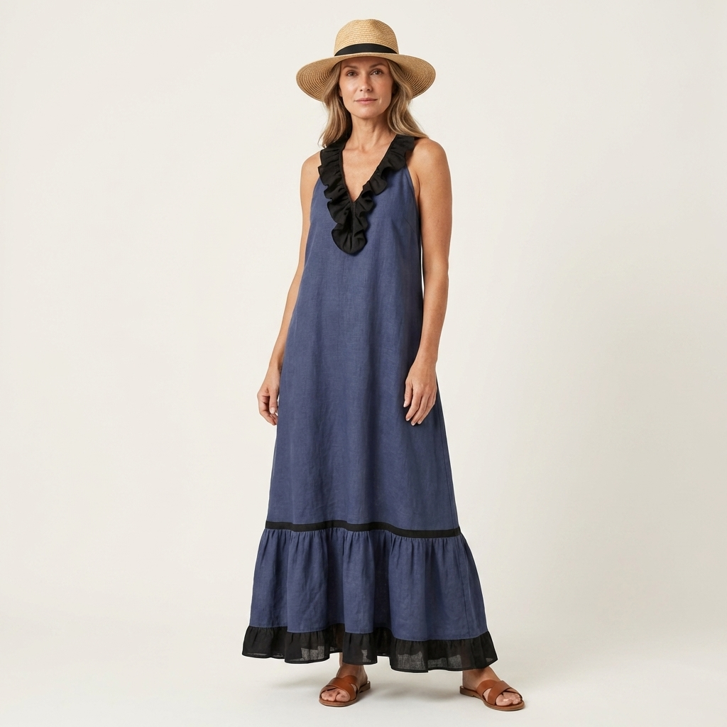 SERAPHINA | ÄRMELLOSES RÜSCHEN-HALS-AUSSCHNITT MAXI-KLEID MIT KONTRAST-BESATZ