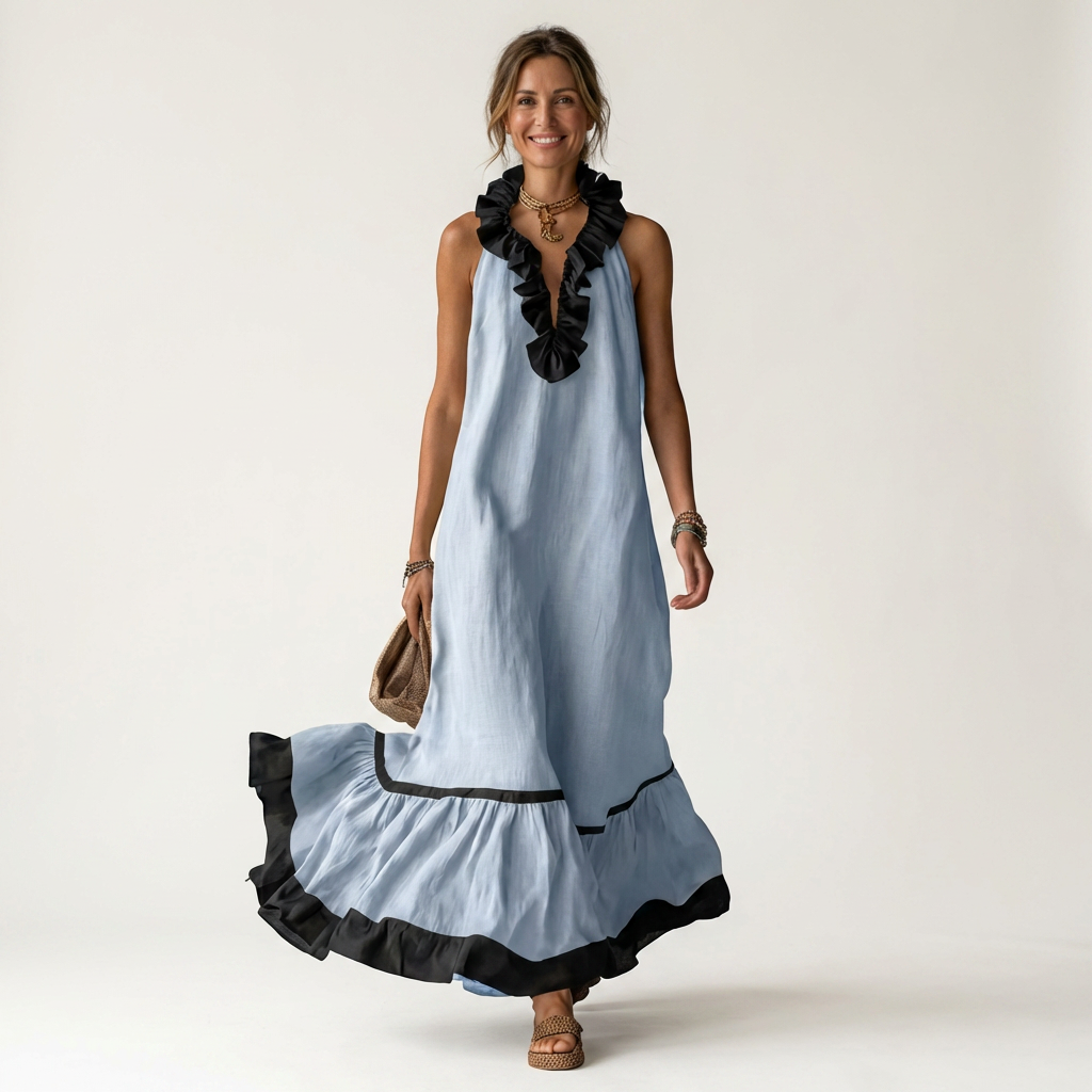 SERAPHINA | ÄRMELLOSES RÜSCHEN-HALS-AUSSCHNITT MAXI-KLEID MIT KONTRAST-BESATZ