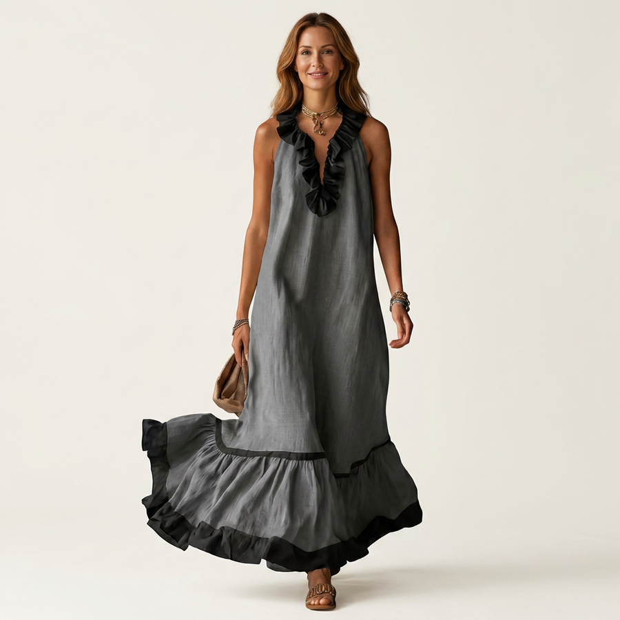SERAPHINA | ÄRMELLOSES RÜSCHEN-HALS-AUSSCHNITT MAXI-KLEID MIT KONTRAST-BESATZ