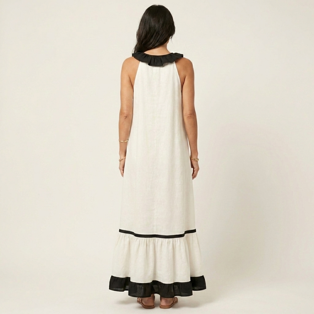 SERAPHINA | ÄRMELLOSES RÜSCHEN-HALS-AUSSCHNITT MAXI-KLEID MIT KONTRAST-BESATZ