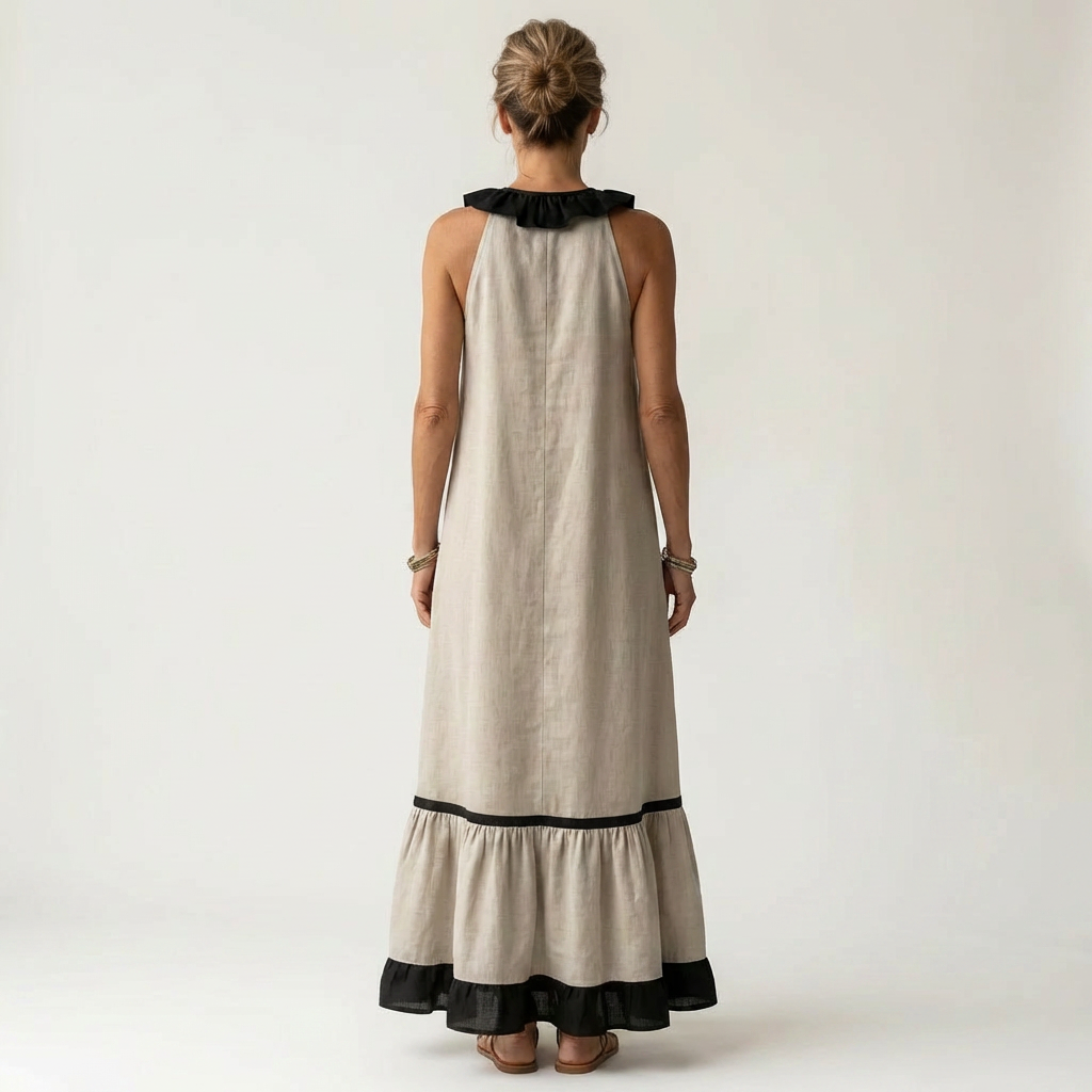 SERAPHINA | ÄRMELLOSES RÜSCHEN-HALS-AUSSCHNITT MAXI-KLEID MIT KONTRAST-BESATZ