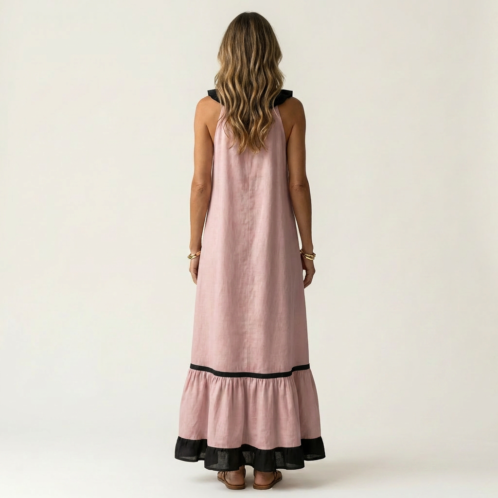 SERAPHINA | ÄRMELLOSES RÜSCHEN-HALS-AUSSCHNITT MAXI-KLEID MIT KONTRAST-BESATZ