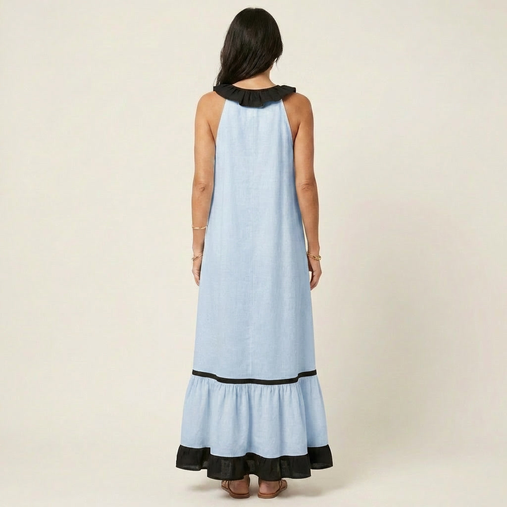 SERAPHINA | ÄRMELLOSES RÜSCHEN-HALS-AUSSCHNITT MAXI-KLEID MIT KONTRAST-BESATZ
