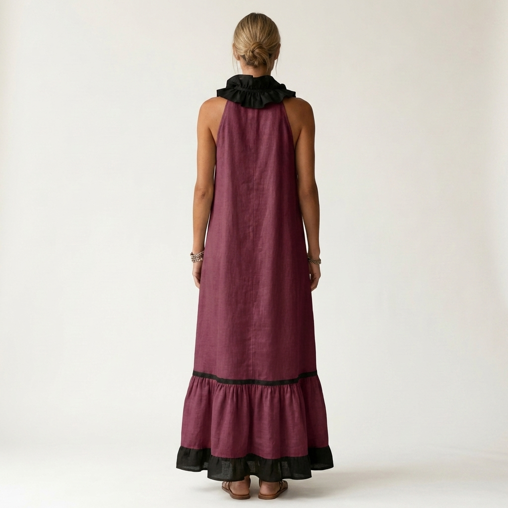 SERAPHINA | ÄRMELLOSES RÜSCHEN-HALS-AUSSCHNITT MAXI-KLEID MIT KONTRAST-BESATZ