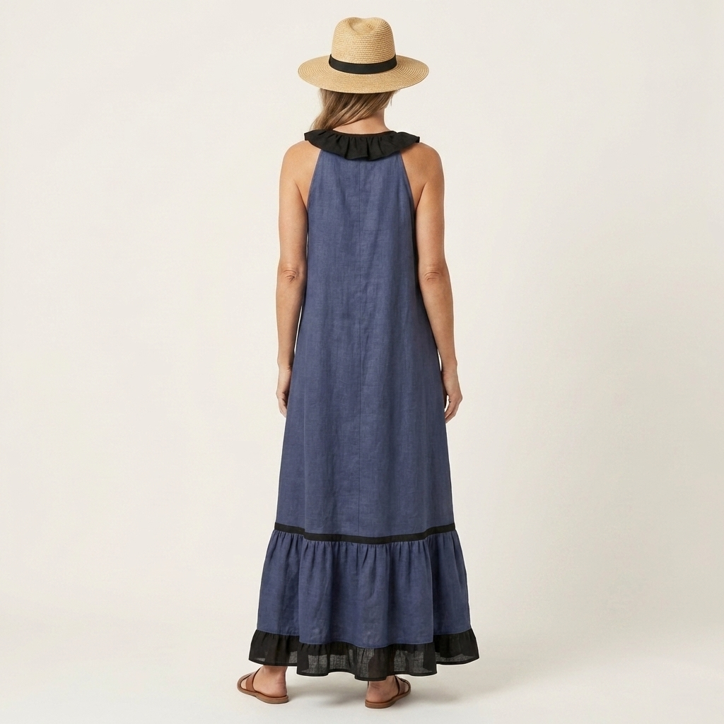 SERAPHINA | ÄRMELLOSES RÜSCHEN-HALS-AUSSCHNITT MAXI-KLEID MIT KONTRAST-BESATZ