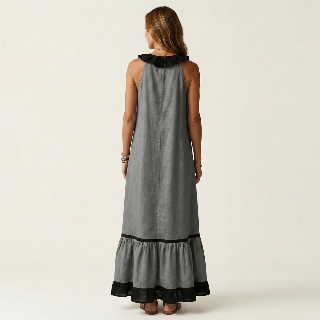 SERAPHINA | ÄRMELLOSES RÜSCHEN-HALS-AUSSCHNITT MAXI-KLEID MIT KONTRAST-BESATZ