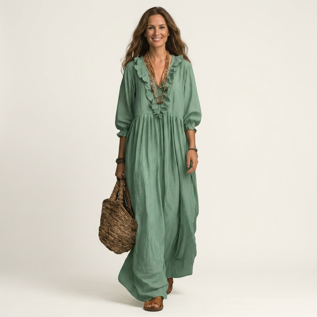 PALOMA | RÜSCHEN V-AUSSCHNITT STREIFEN MAXI KLEID MIT LATERNENÄRMELN