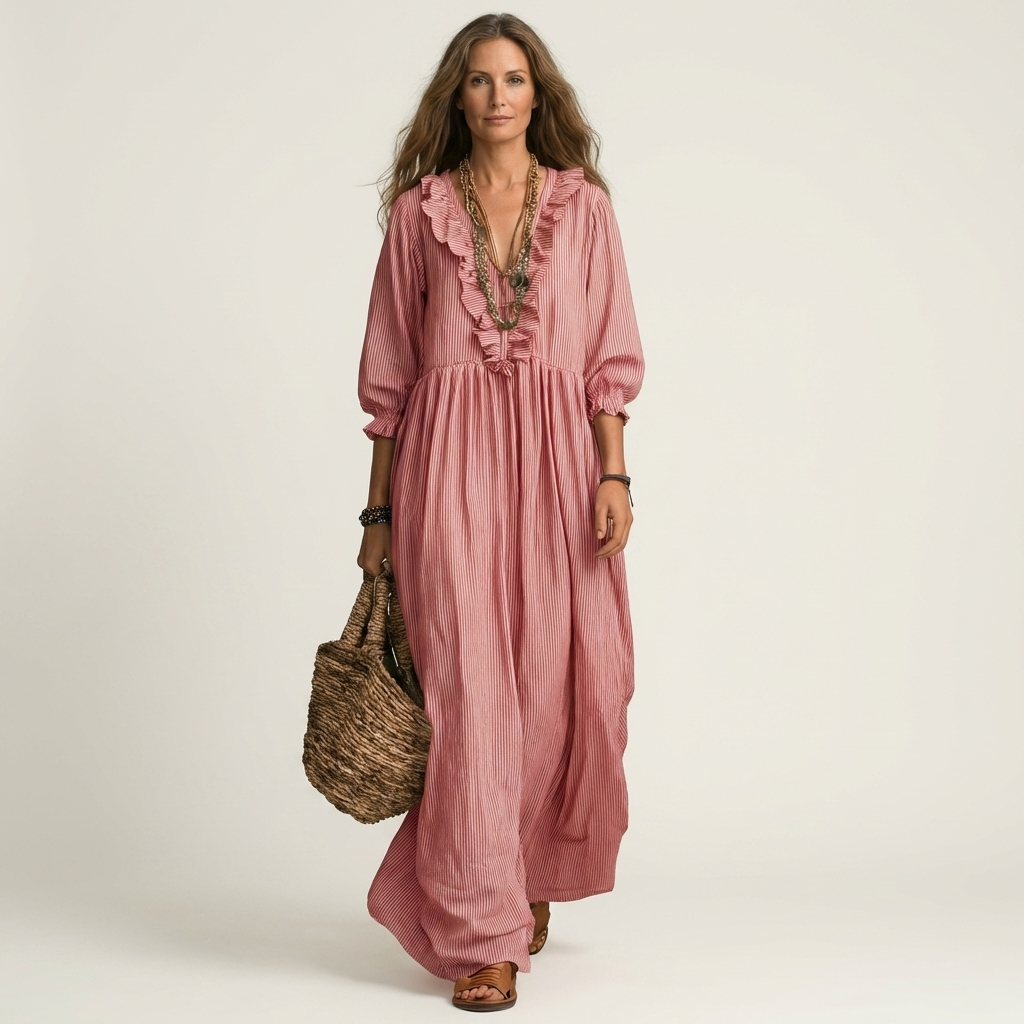 PALOMA | RÜSCHEN V-AUSSCHNITT STREIFEN MAXI KLEID MIT LATERNENÄRMELN