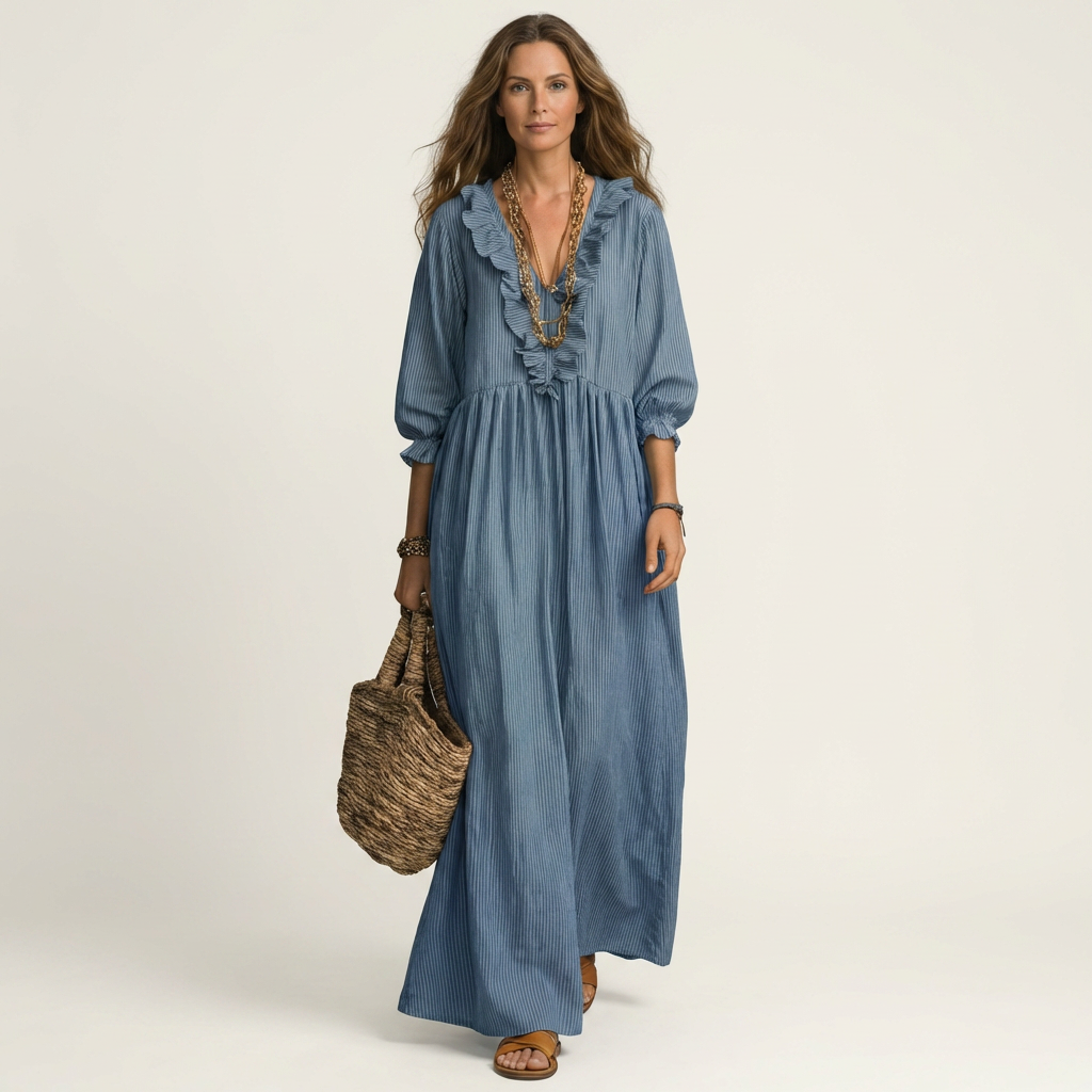 PALOMA | RÜSCHEN V-AUSSCHNITT STREIFEN MAXI KLEID MIT LATERNENÄRMELN