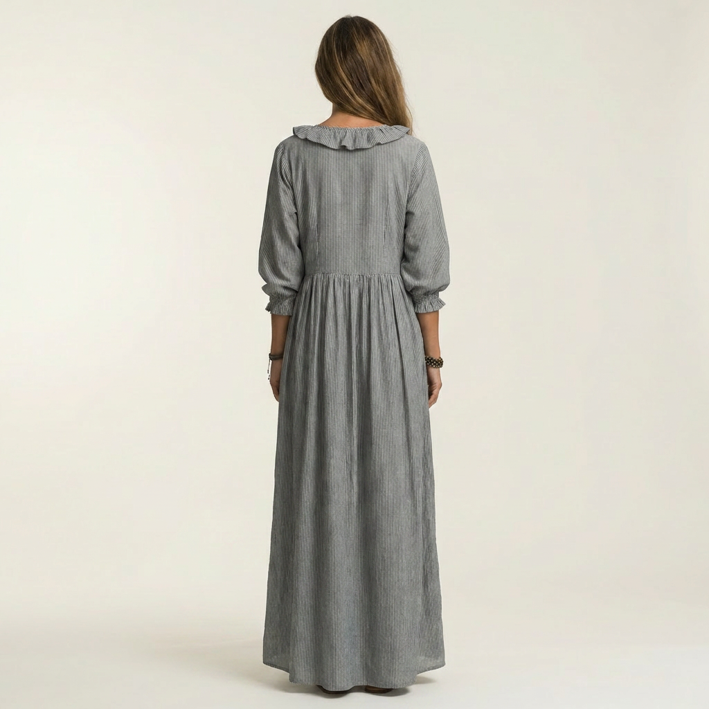 PALOMA | RÜSCHEN V-AUSSCHNITT STREIFEN MAXI KLEID MIT LATERNENÄRMELN