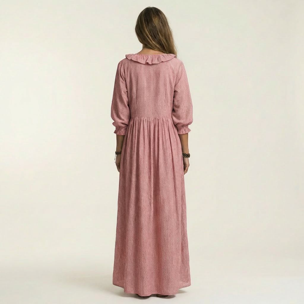 PALOMA | RÜSCHEN V-AUSSCHNITT STREIFEN MAXI KLEID MIT LATERNENÄRMELN
