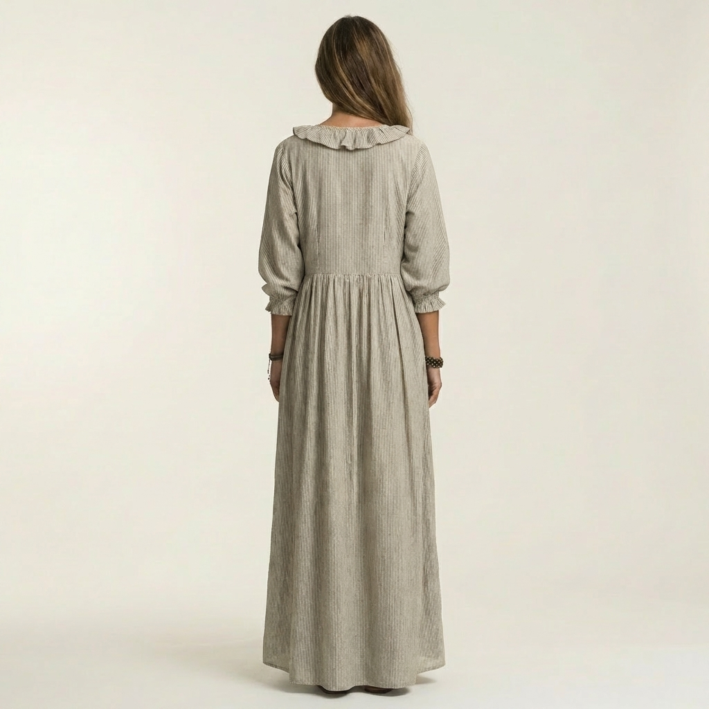 PALOMA | RÜSCHEN V-AUSSCHNITT STREIFEN MAXI KLEID MIT LATERNENÄRMELN