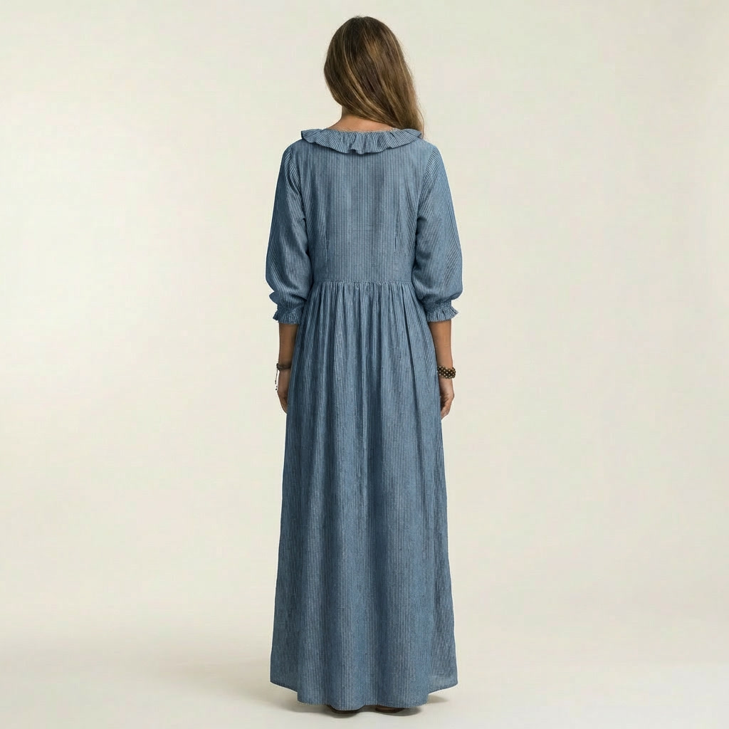 PALOMA | RÜSCHEN V-AUSSCHNITT STREIFEN MAXI KLEID MIT LATERNENÄRMELN