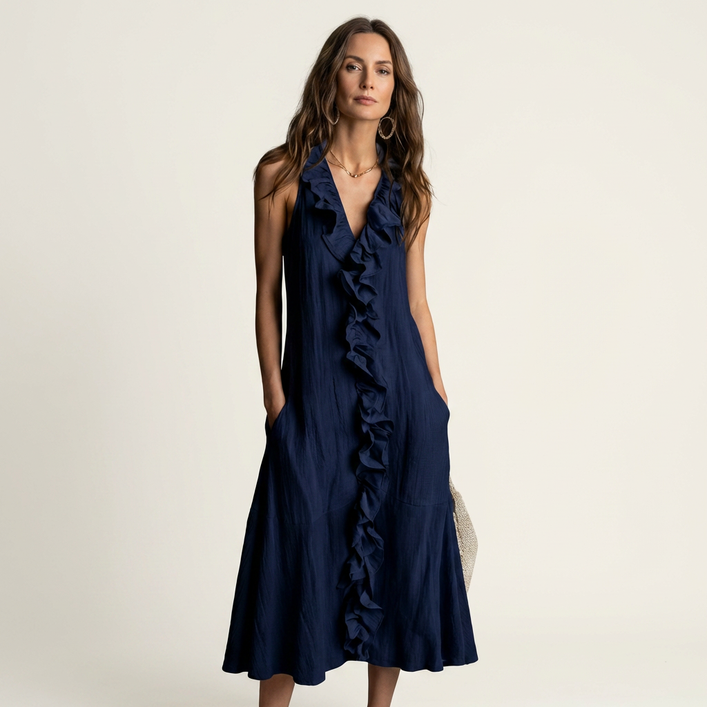 VIOLETTE | RÜSCHEN-V-AUSSCHNITT ÄRMELLOSES LEINEN MAXI-KLEID