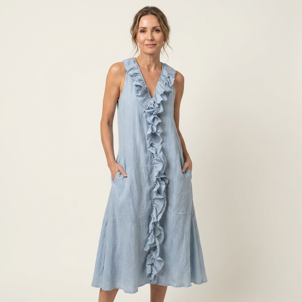 VIOLETTE | RÜSCHEN-V-AUSSCHNITT ÄRMELLOSES LEINEN MAXI-KLEID