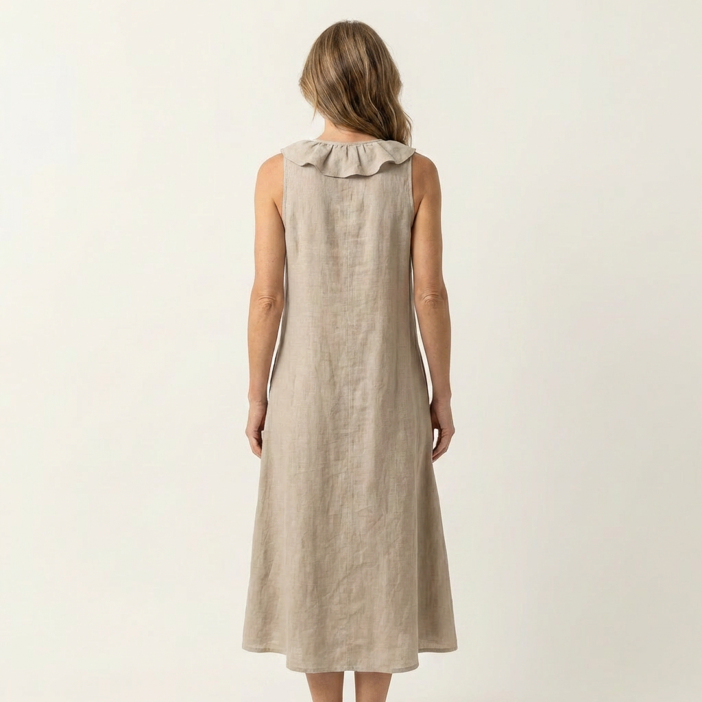 VIOLETTE | RÜSCHEN-V-AUSSCHNITT ÄRMELLOSES LEINEN MAXI-KLEID