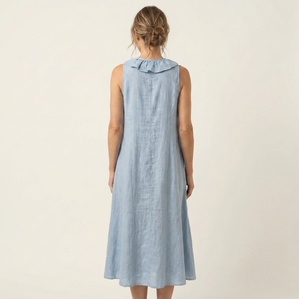 VIOLETTE | RÜSCHEN-V-AUSSCHNITT ÄRMELLOSES LEINEN MAXI-KLEID