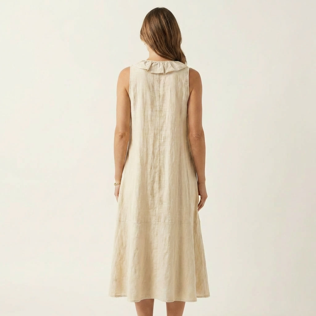 VIOLETTE | RÜSCHEN-V-AUSSCHNITT ÄRMELLOSES LEINEN MAXI-KLEID