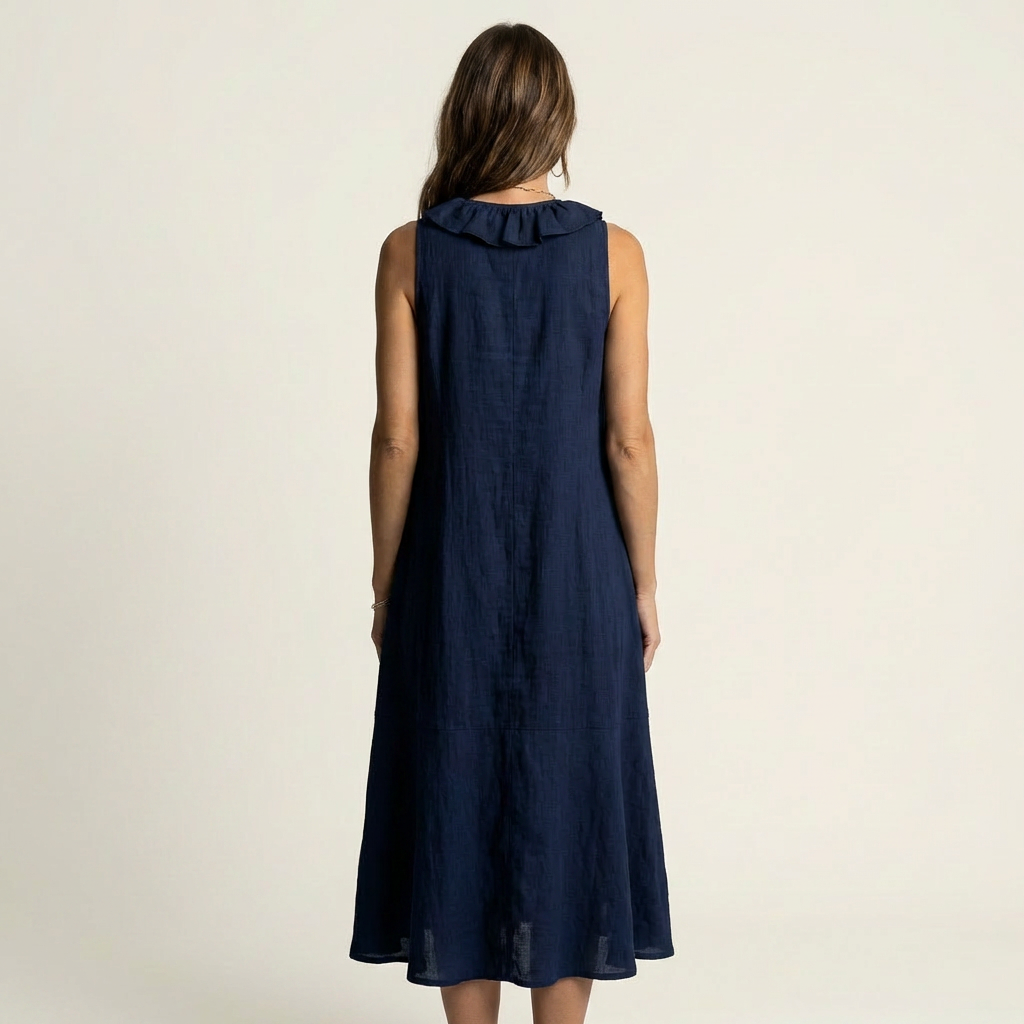 VIOLETTE | RÜSCHEN-V-AUSSCHNITT ÄRMELLOSES LEINEN MAXI-KLEID