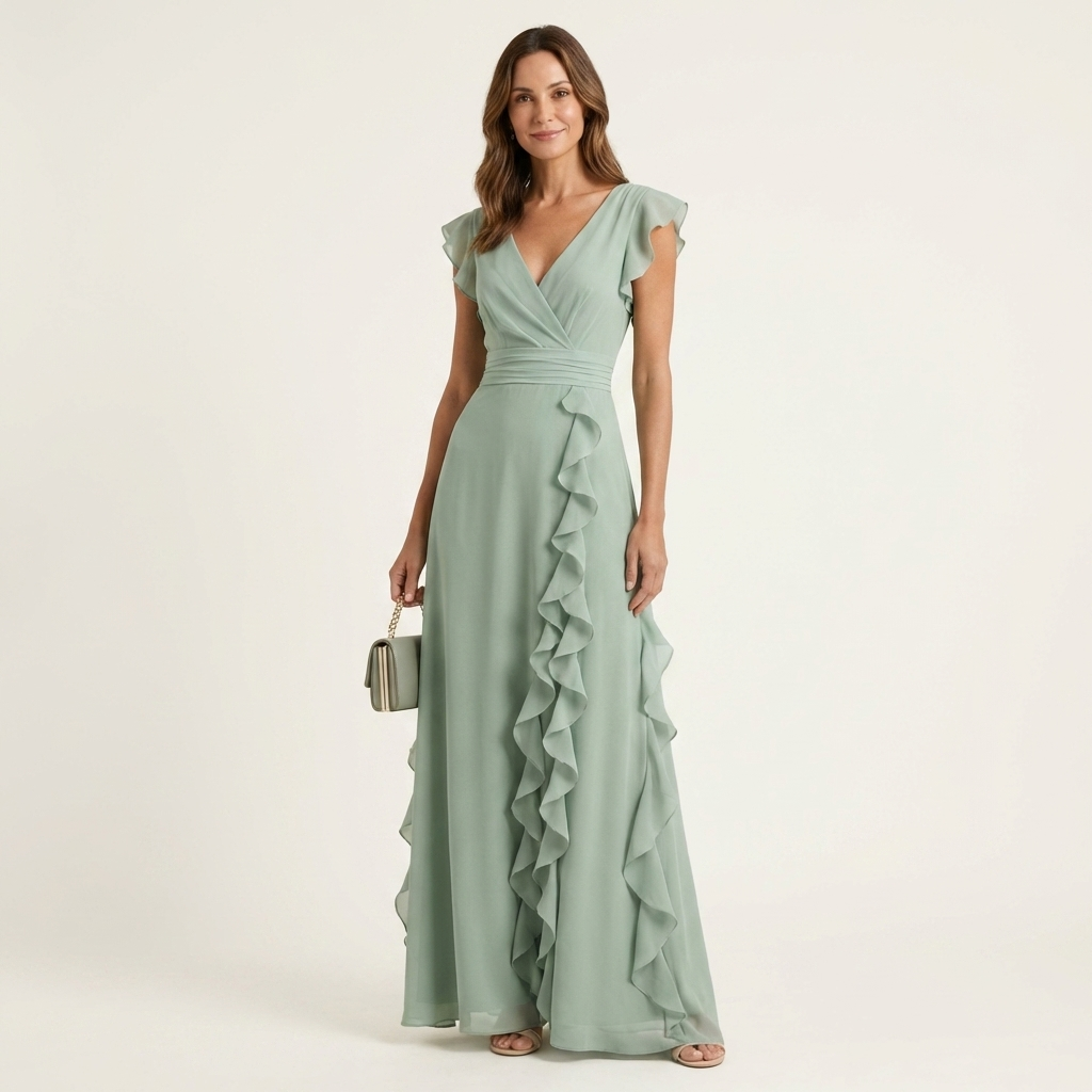 CELESTE | MAXIKLEID MIT WRAP-STYLE V-AUSSCHNITT UND FLUTTERÄRMELN