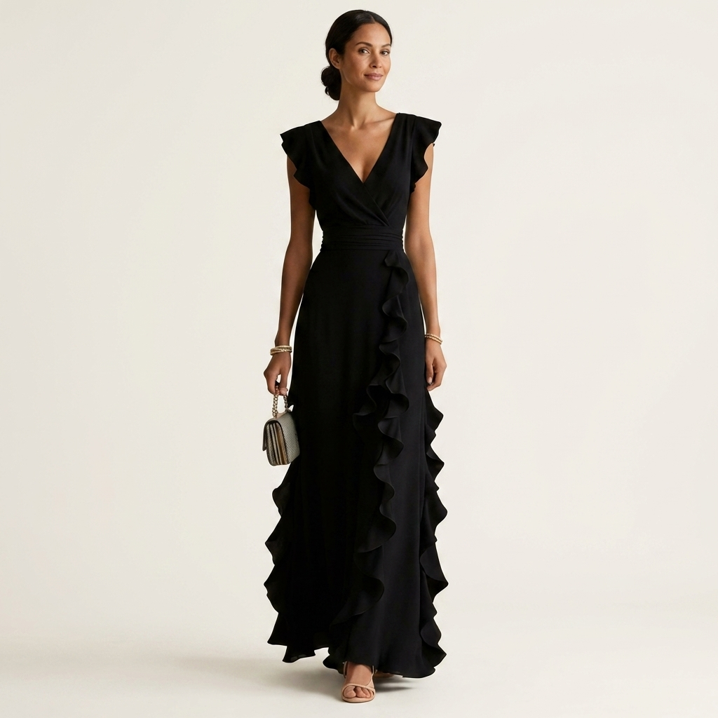 CELESTE | MAXIKLEID MIT WRAP-STYLE V-AUSSCHNITT UND FLUTTERÄRMELN