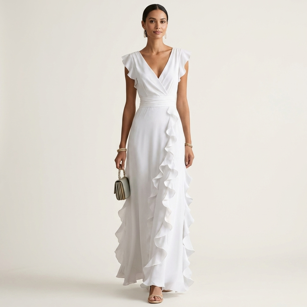CELESTE | MAXIKLEID MIT WRAP-STYLE V-AUSSCHNITT UND FLUTTERÄRMELN