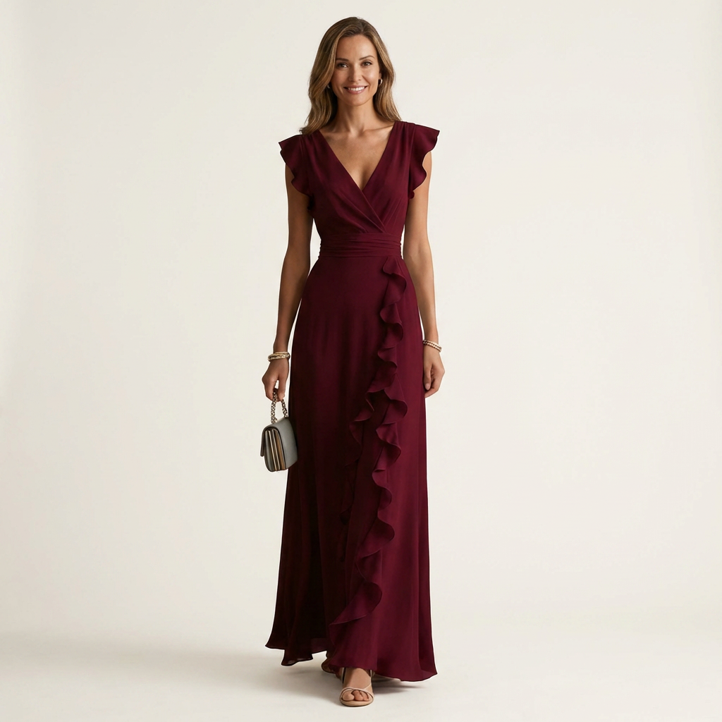 CELESTE | MAXIKLEID MIT WRAP-STYLE V-AUSSCHNITT UND FLUTTERÄRMELN
