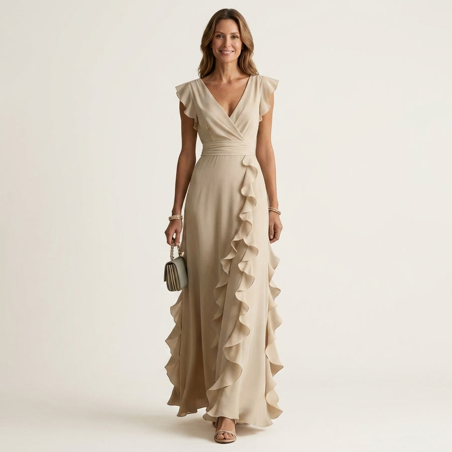 CELESTE | MAXIKLEID MIT WRAP-STYLE V-AUSSCHNITT UND FLUTTERÄRMELN
