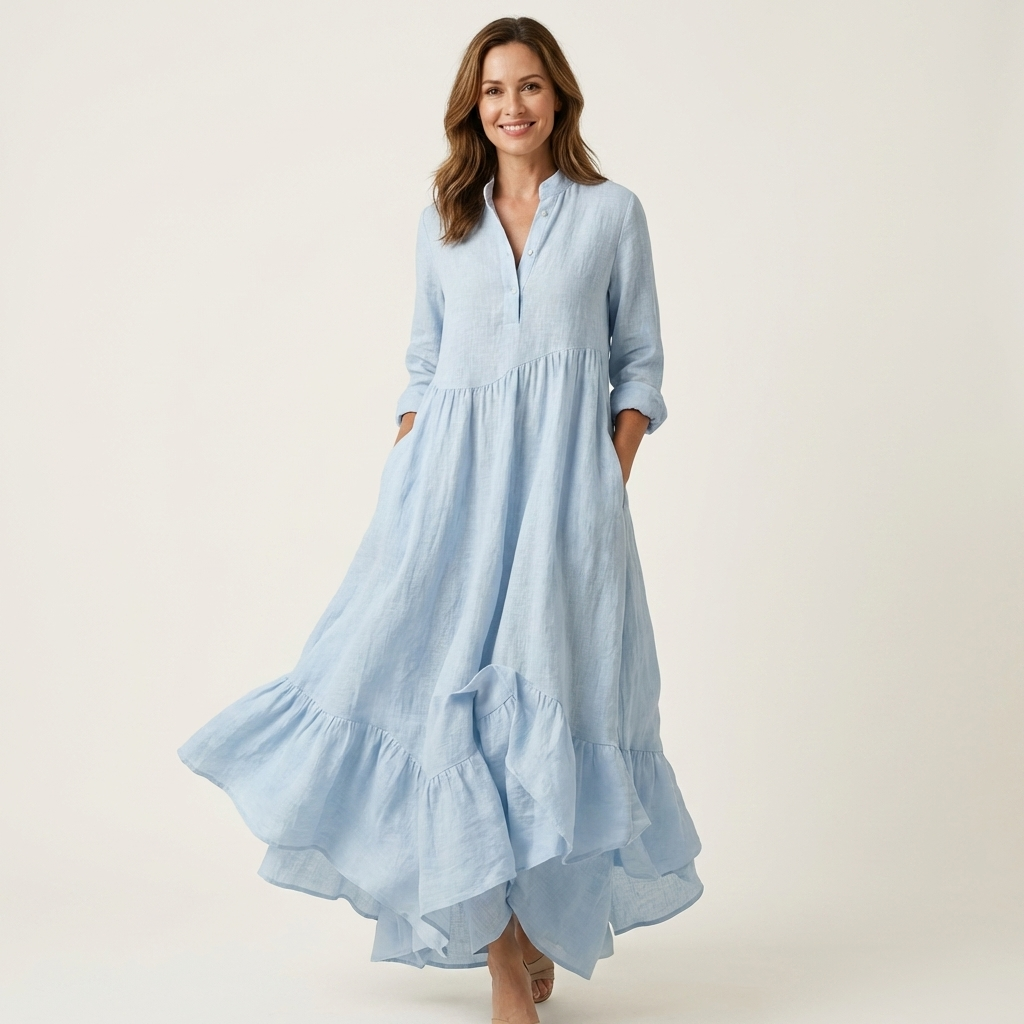 ADRIANNA | MAXIKLEID MIT STEHKRAGEN, KNOPFLEISTE UND VOLANTSAUM