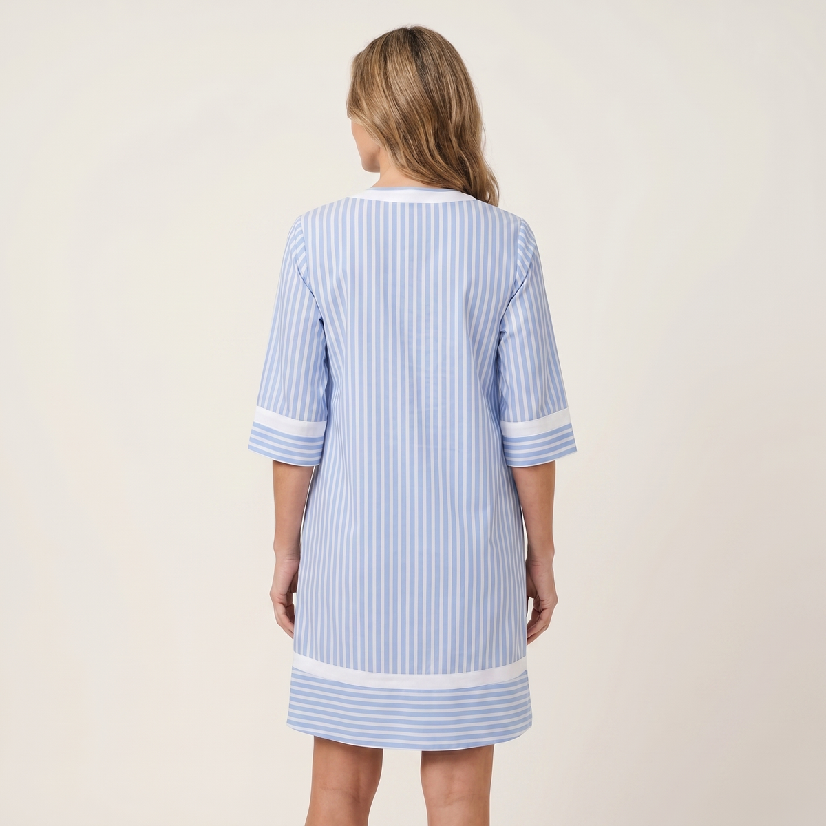 SOLVEIG | KONTRAST-TRIM STRIPES V-AUSSCHNITT BAUMWOLL-HEMDKLEID