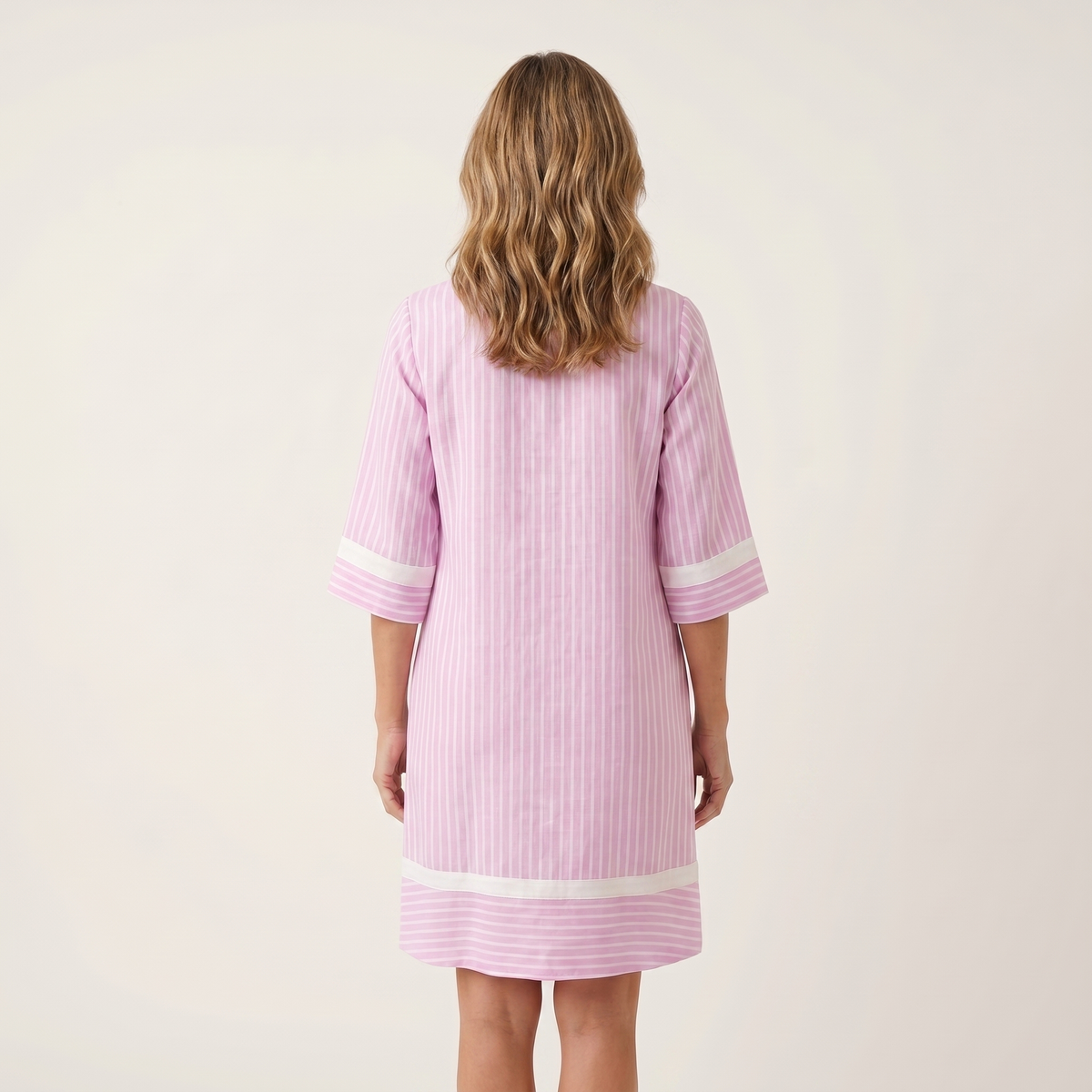 SOLVEIG | KONTRAST-TRIM STRIPES V-AUSSCHNITT BAUMWOLL-HEMDKLEID