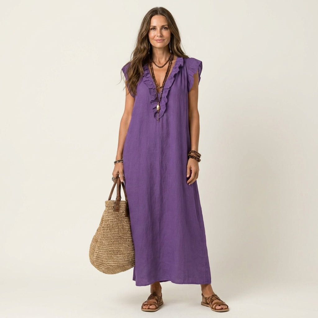 JOSETTE | ELEGANTES RÜSCHEN V-AUSSCHNITT MAXIKLEID