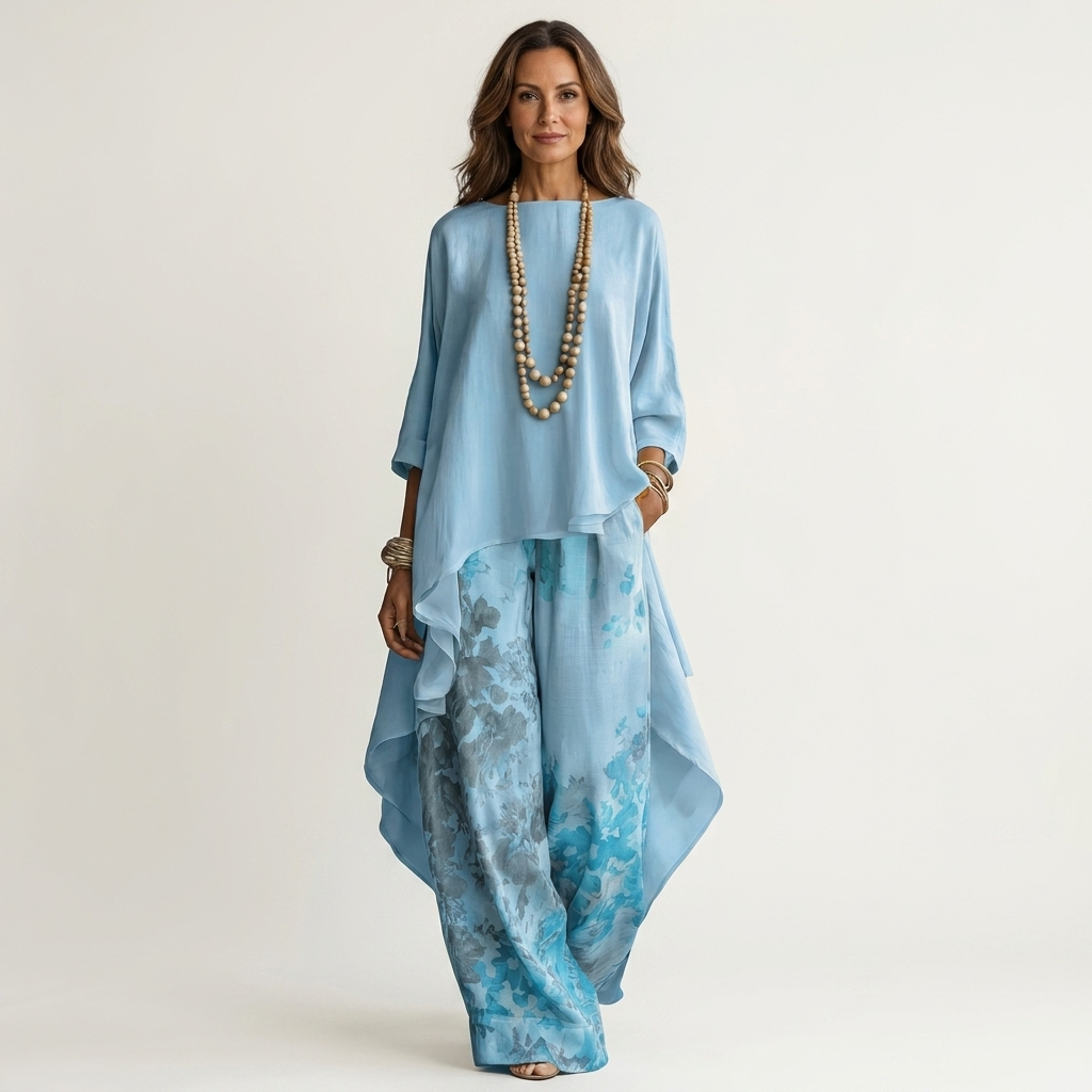 AVALYN | ZWEITEILIGES SET AUS BAUMWOLLE-SEIDE MIT ASYMMETRISCHER TUNIKA