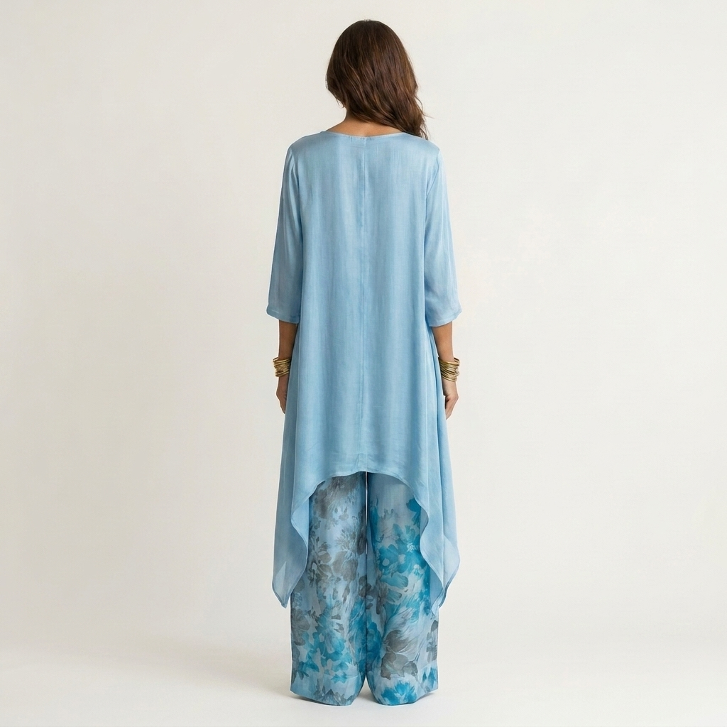 AVALYN | ZWEITEILIGES SET AUS BAUMWOLLE-SEIDE MIT ASYMMETRISCHER TUNIKA