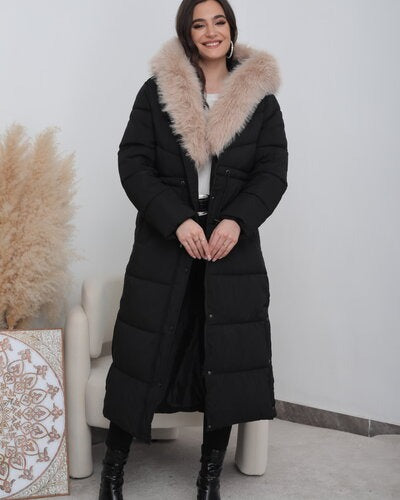 LIVIA langer gesteppter Wintermantel in Schwarz-Beige