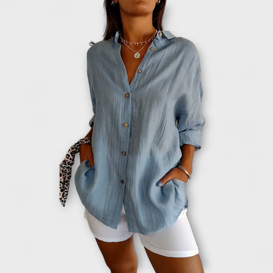 Saskia - Hellblaue elegante Leinenbluse